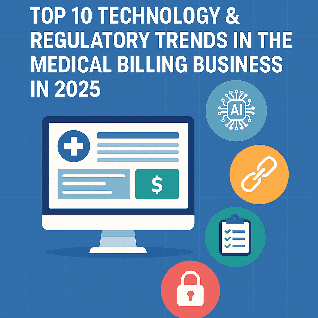 "Top 10 technology and regulatory trends in the Medical Billing Business in 2025 infographic with AI, blockchain, compliance, and cybersecurity icons."