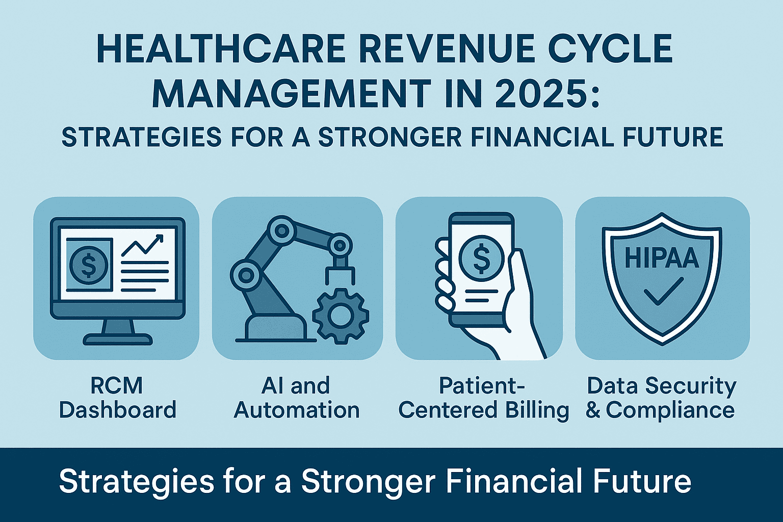 "Healthcare Revenue Cycle Management in 2025 infographic showing RCM dashboard, AI automation, patient-centered billing, and HIPAA compliance strategies."