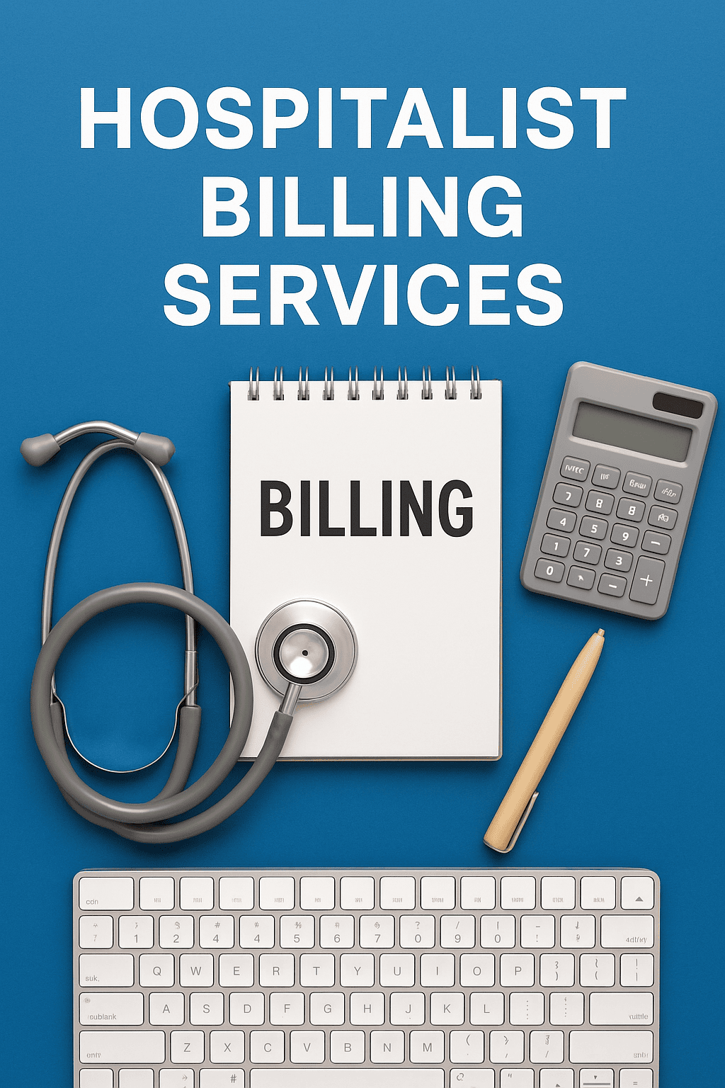 Hospitalist billing services concept with stethoscope, calculator, keyboard, and notepad labeled “Billing” on a blue background.