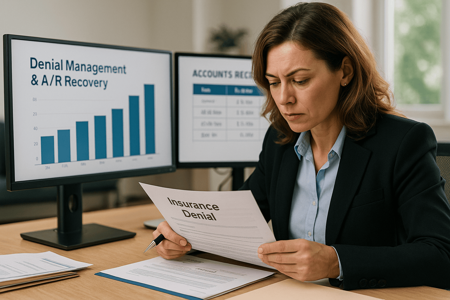 A professional medical billing team analyzing denial reports and accounts receivable data on computer screens, representing Denial Management and A/R Recovery services by The Ashez Group.