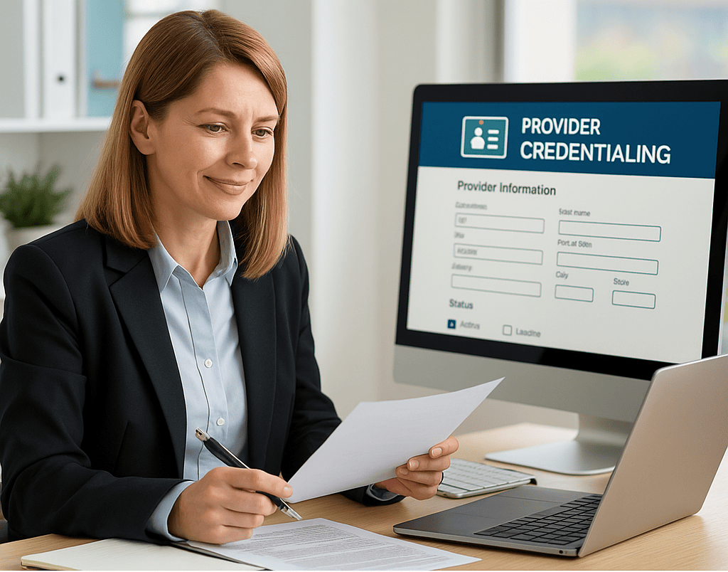 A healthcare administrator completing CAQH, Florida Medicaid, and payer enrollment forms on a computer, symbolizing provider credentialing and network activation by The Ashez Group.