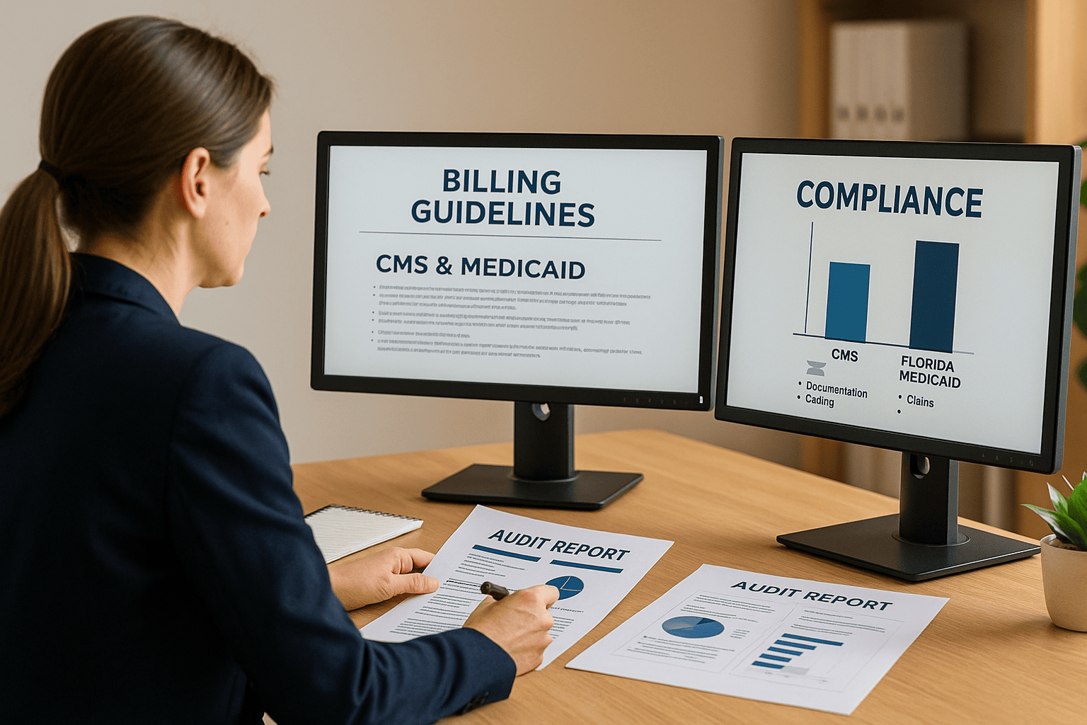 A healthcare compliance specialist reviewing CMS and Florida Medicaid billing guidelines on dual computer screens with compliance documents, representing audit protection and billing accuracy by The Ashez Group.