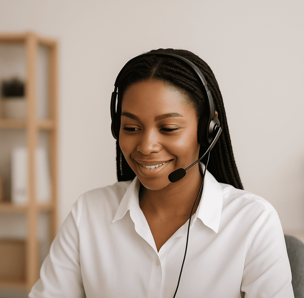 A professional virtual assistant wearing a headset and working on a laptop, representing virtual office assistance services by The Ashez Group.