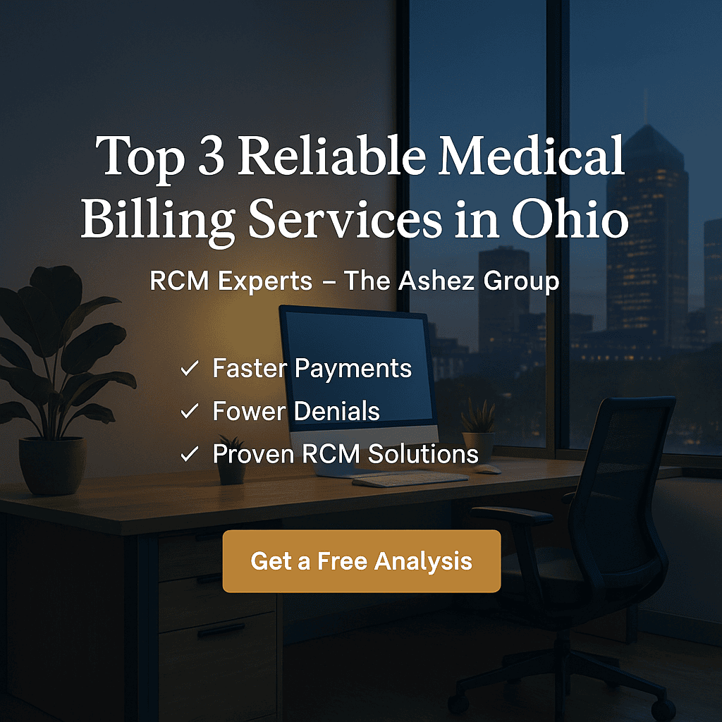 Reliable medical billing services in Ohio – modern office interior overlooking Ohio city skyline, blue and gold brand tones representing The Ashez Group’s professional RCM expertise.