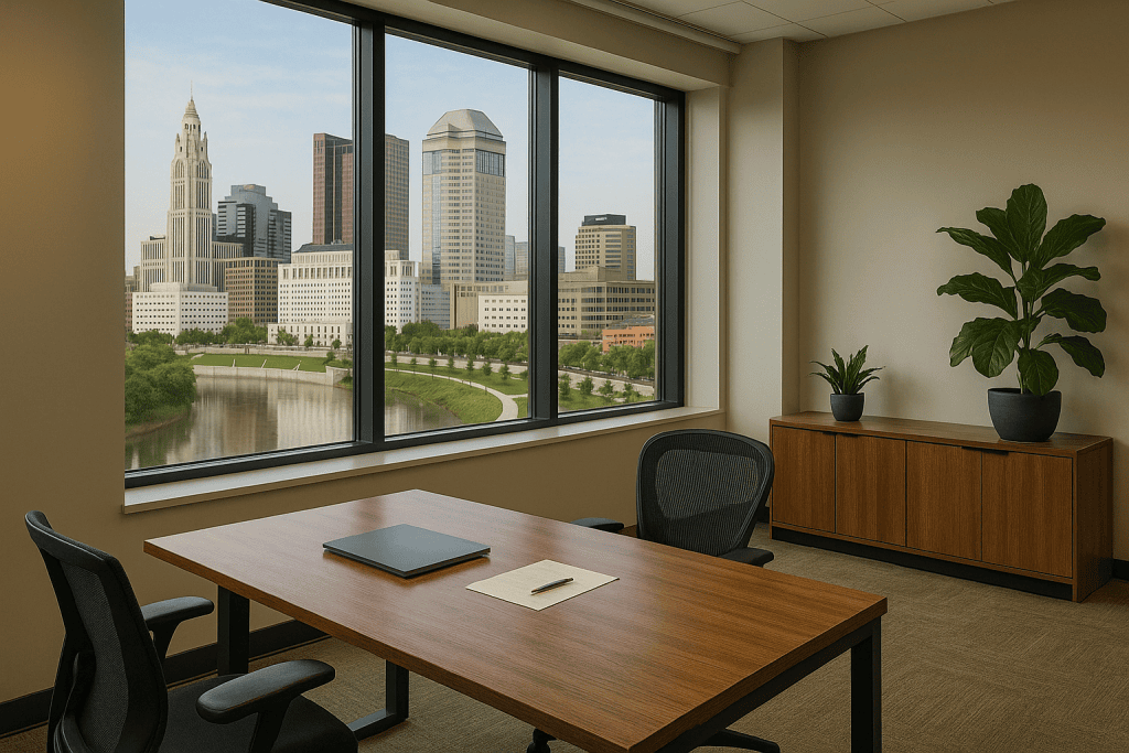 Modern Ohio office background with a view of the Columbus skyline, clean and professional design, natural lighting — ideal for The Ashez Group’s medical billing services in Ohio.