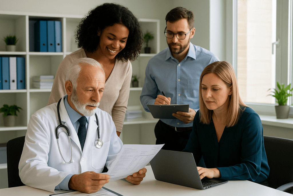Doctor collaborating with a professional medical billing team in a modern office environment — representing The Ashez Group’s accuracy and teamwork in healthcare billing and RCM services.