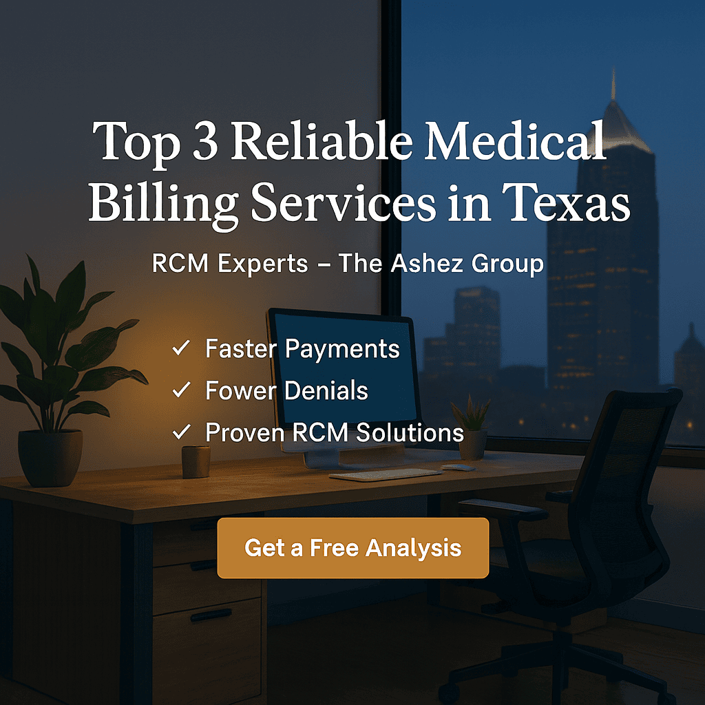 Modern Texas medical billing office with a view of the Dallas skyline at sunset, representing The Ashez Group’s reliable medical billing and RCM services in Texas.