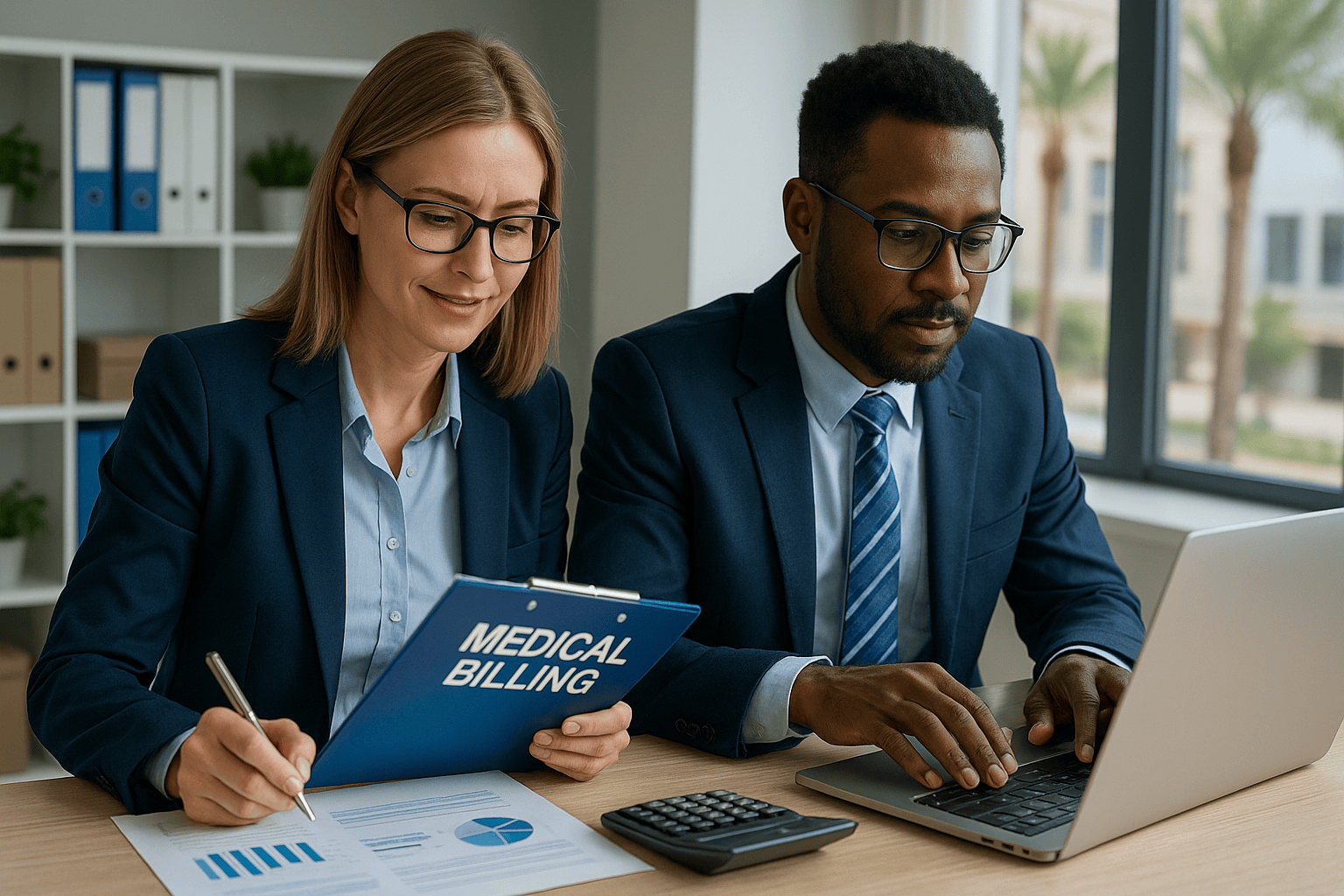 Medical billing professionals working together at an office, analyzing data on a laptop and reviewing billing documents, representing healthcare finance management and coding services.