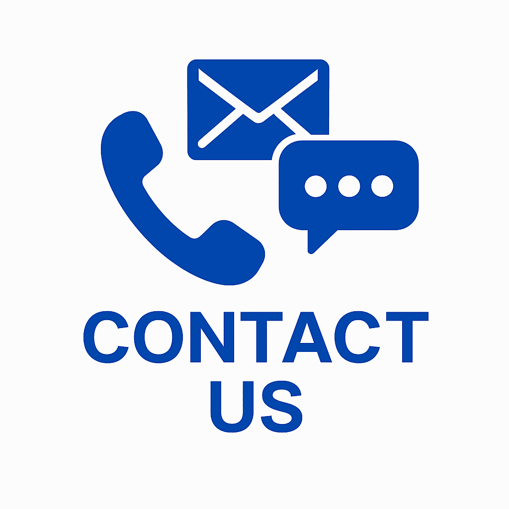 Blue and white “Contact Us” icon with a phone, envelope, and chat bubble symbolizing professional communication and customer support
