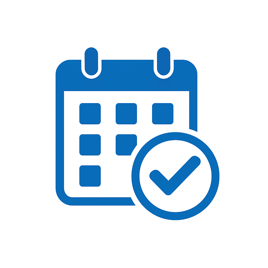 Blue and white appointment icon showing a calendar with a clock and check mark, symbolizing scheduling and booking services.