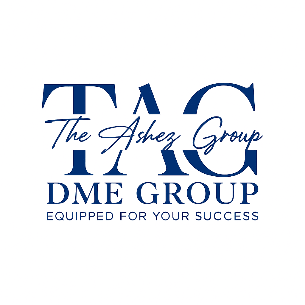 Blue and gold logo for The Ashez DME Group featuring modern typography “TAG DME” in a professional corporate style.