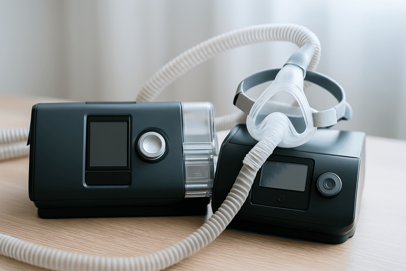 Modern CPAP and BiPAP machines displayed on a medical desk in a clean, professional healthcare setting.