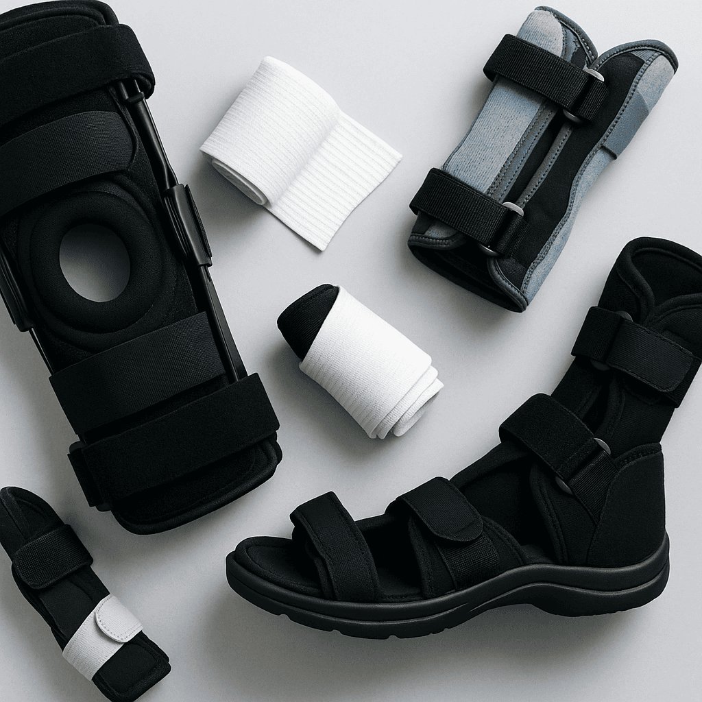 Orthopedic braces and supports displayed in a clean clinical setting for medical equipment providers.