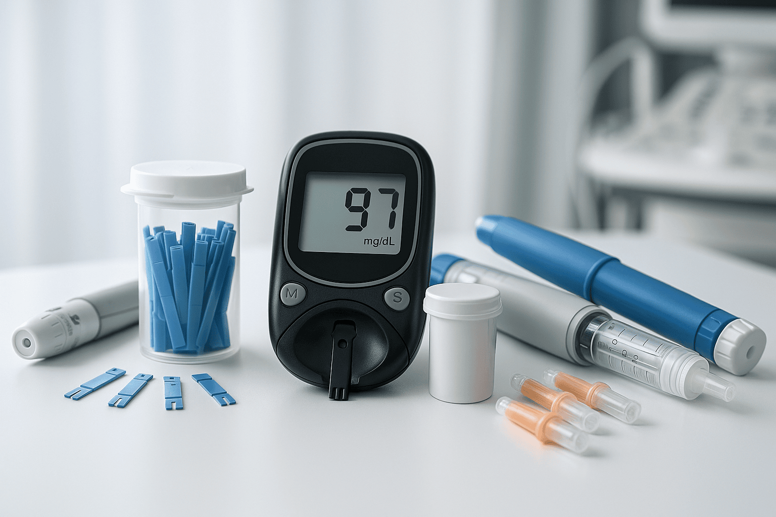 Professional diabetic management supplies including glucometers, insulin pens, test strips, syringes, and lancets arranged on a medical counter.