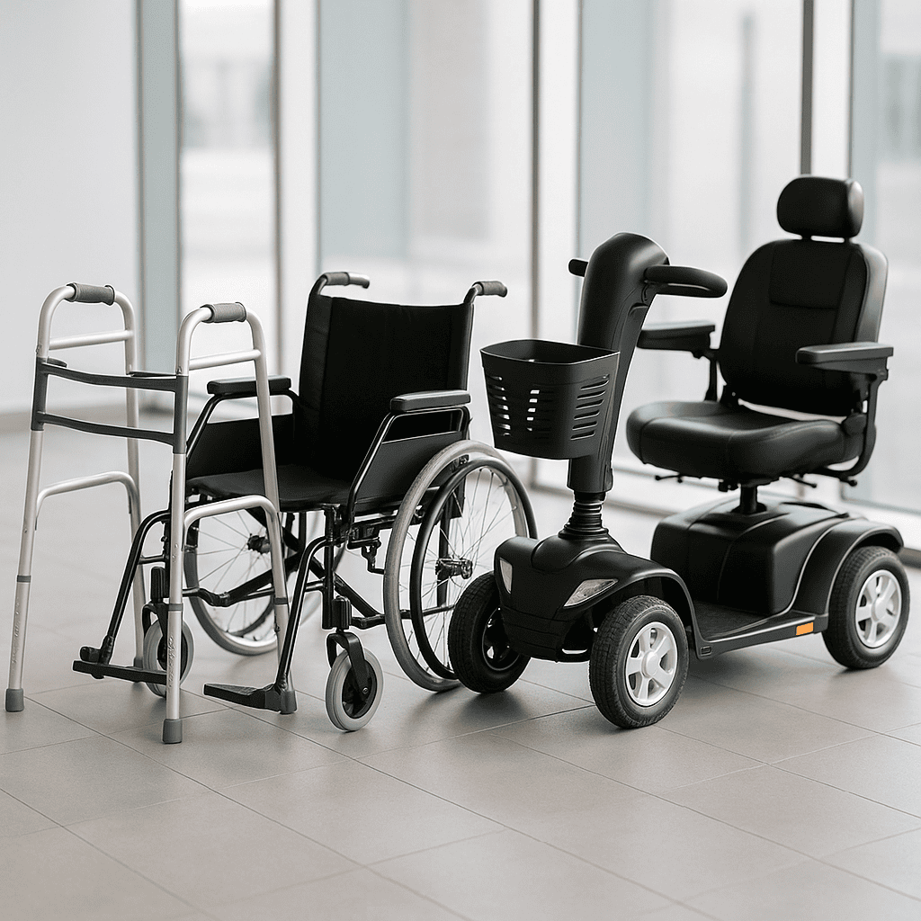 Mobility equipment including walkers, wheelchairs, and scooters arranged in a professional medical equipment showroom.