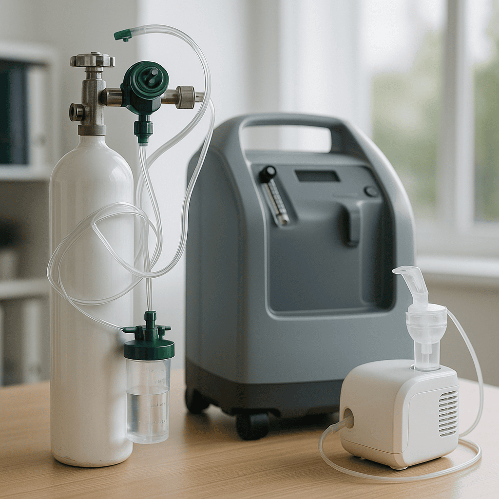 Medical oxygen concentrators, nasal cannulas, and respiratory devices displayed in a clean clinical environment.
