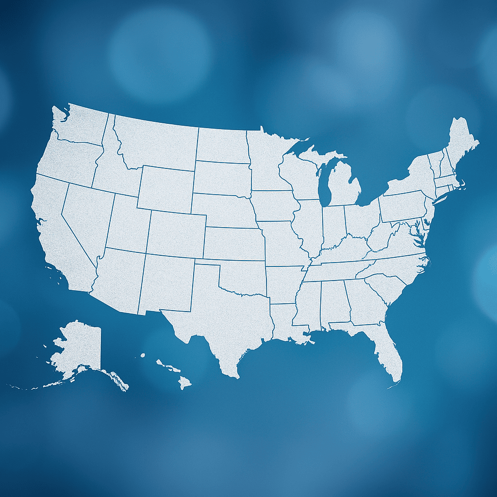Stylized digital map of the United States highlighting all 50 states in blue and gold, representing The Ashez DME Group’s nationwide medical billing and DME service coverage.