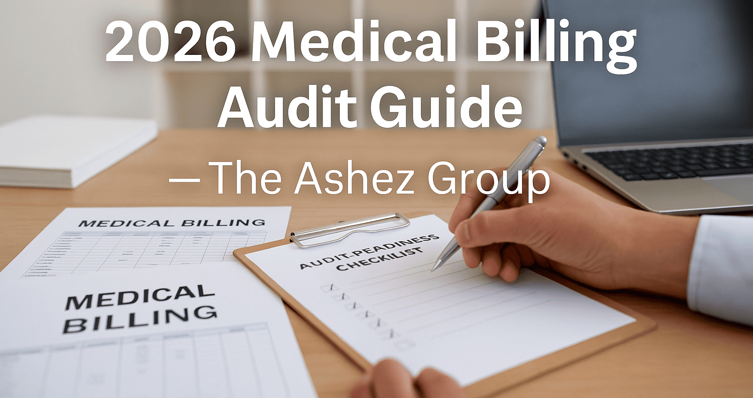 Professional medical billing audit concept — person reviewing audit-readiness checklist and billing documents at a modern healthcare office desk, created for The Ashez Group 2026 Medical Billing Audit Guide.