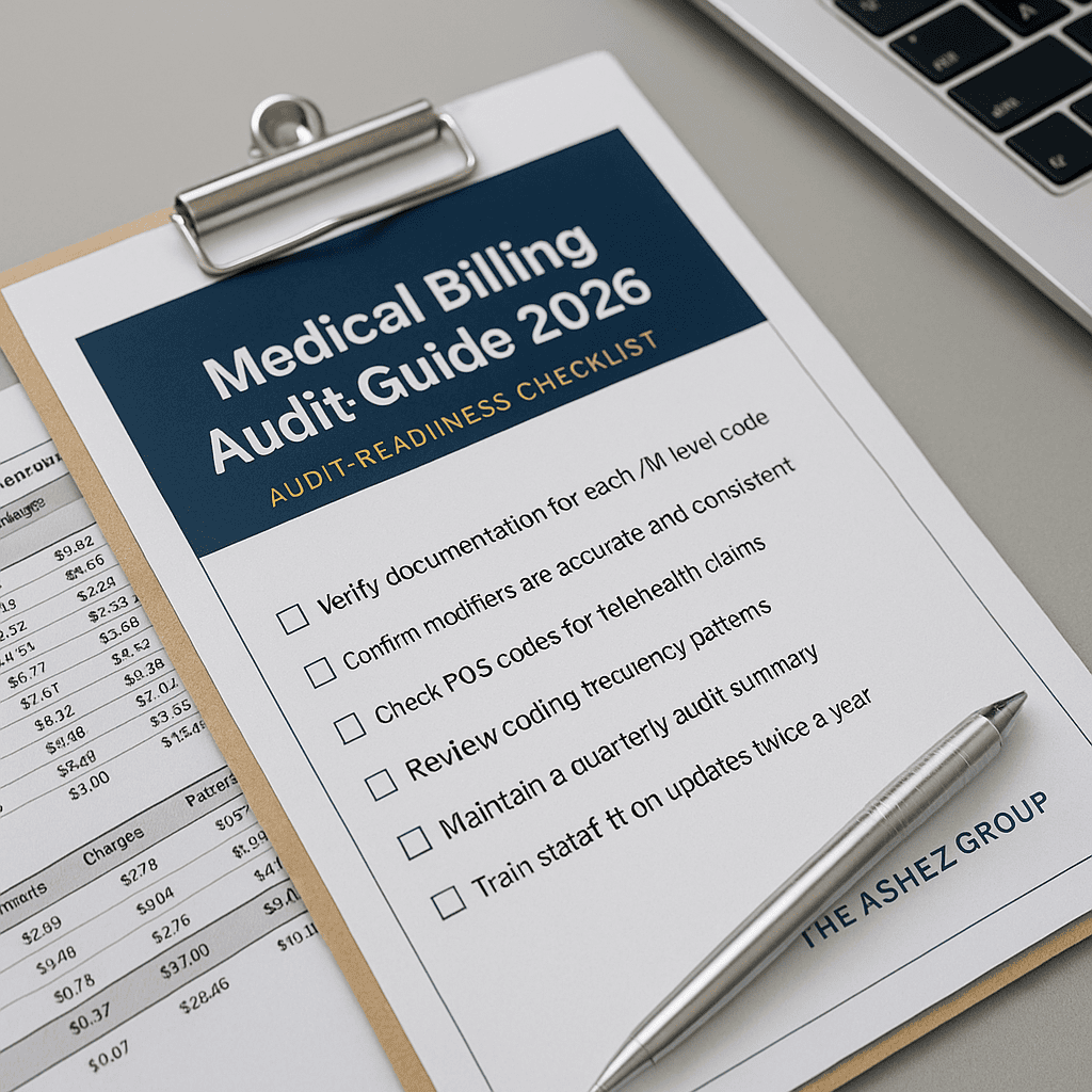 Checklist for medical billing audit readiness from The Ashez Group, focusing on compliance, accurate documentation, and quarterly updates for healthcare revenue cycle management.