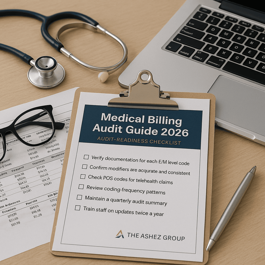 Medical billing audit guide 2026 on clipboard with checklist and stethoscope, laptop, and glasses, representing healthcare compliance and financial accuracy in medical practices.