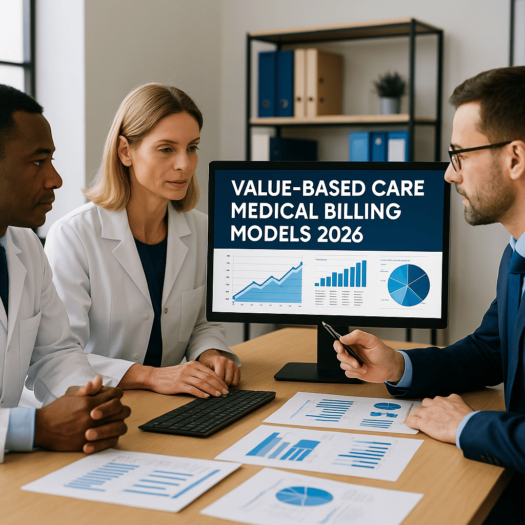 Three healthcare professionals analyzing charts labeled “Value-Based Care Medical Billing Models 2026” in an office, featuring The Ashez Group Certified Woman-Owned Business branding.
