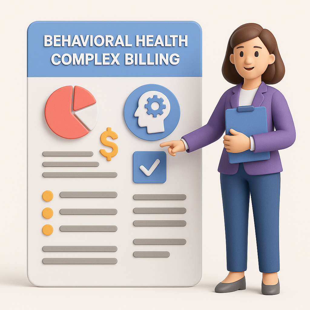 1. Office woman pointing at behavioral health complex billing infographic, illustrating mental health billing, insurance claims, and healthcare revenue management for mental health providers.