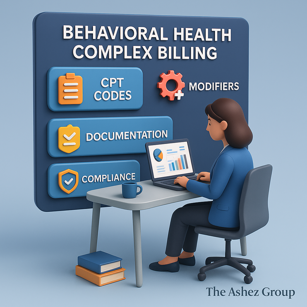 CPT codes, documentation, and compliance for behavioral health complex billing explained with professional woman working on a laptop.