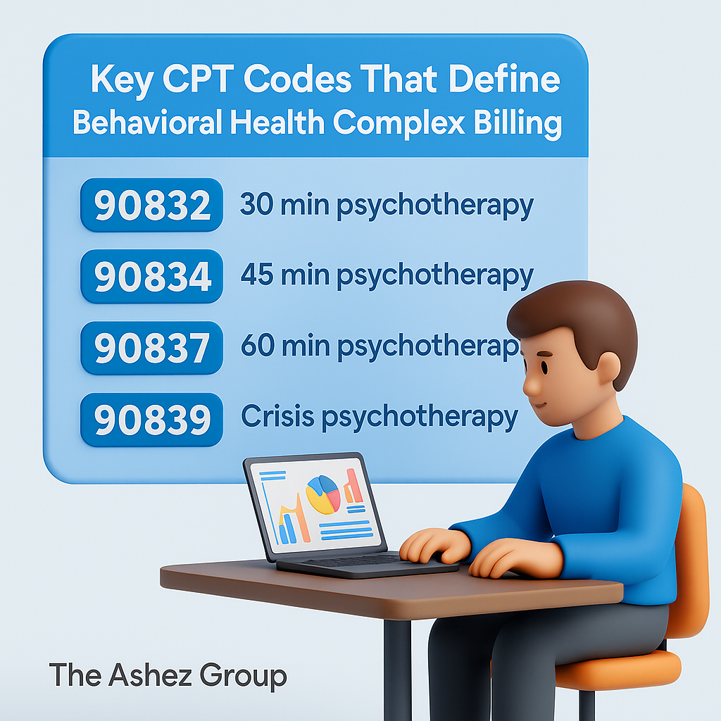 1. Alt text: Illustration of a person working on a laptop with a chart and a board showing CPT codes for behavioral health billing and psychotherapy services.