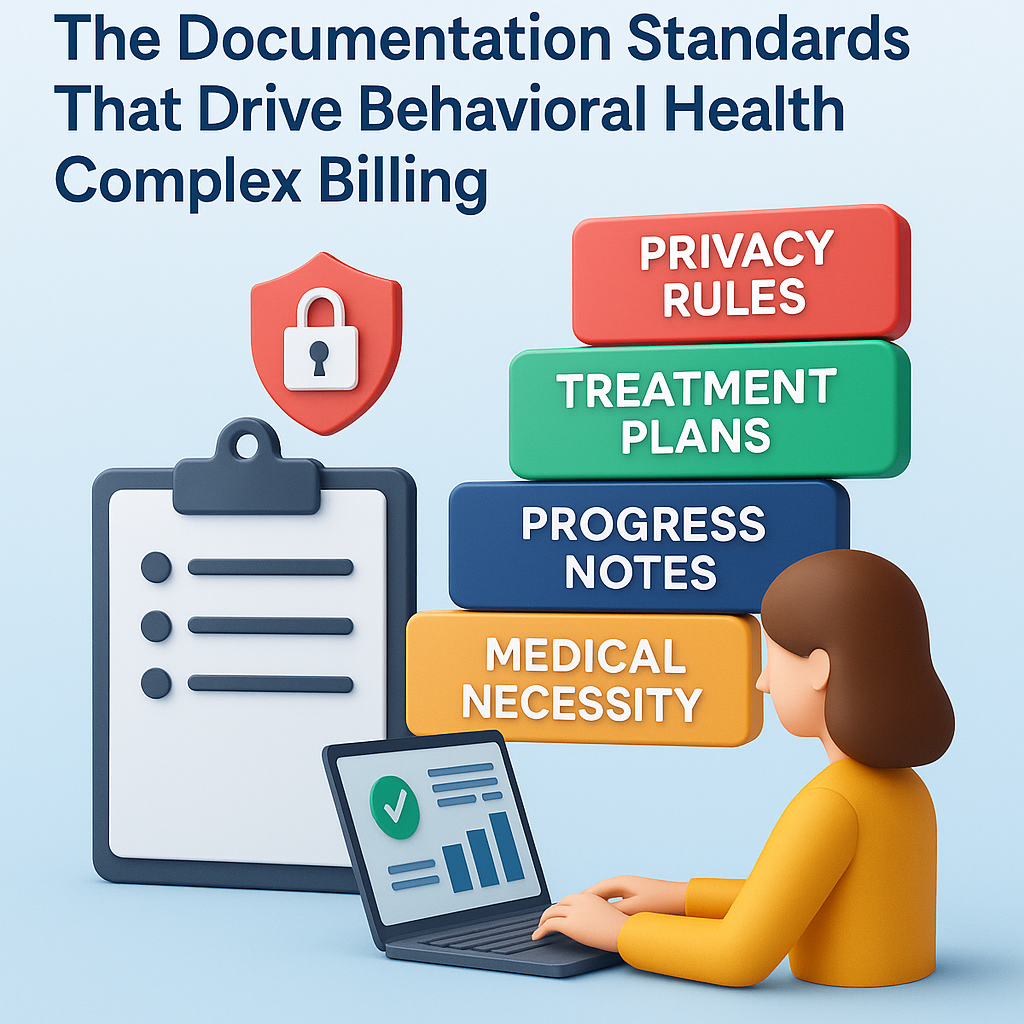 Prioritized image of a healthcare professional reviewing behavioral health documentation standards for billing, including privacy rules, treatment plans, progress notes, and medical necessity, using a laptop.