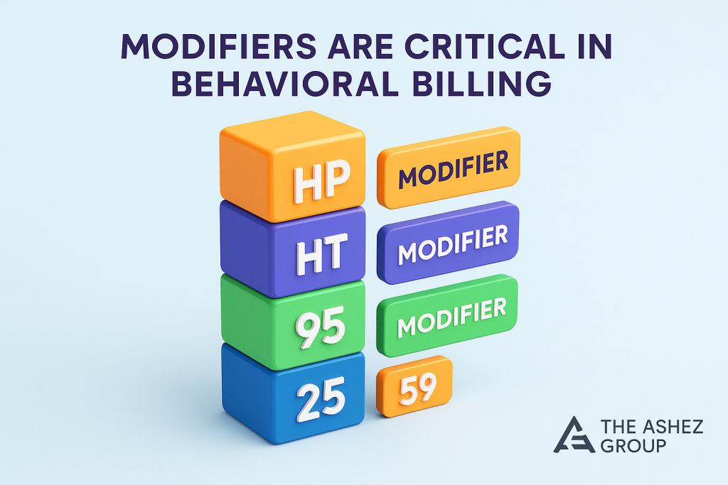 1. Colorful 3D blocks representing behavioral billing modifiers with text highlighting importance of modifiers in billing process.