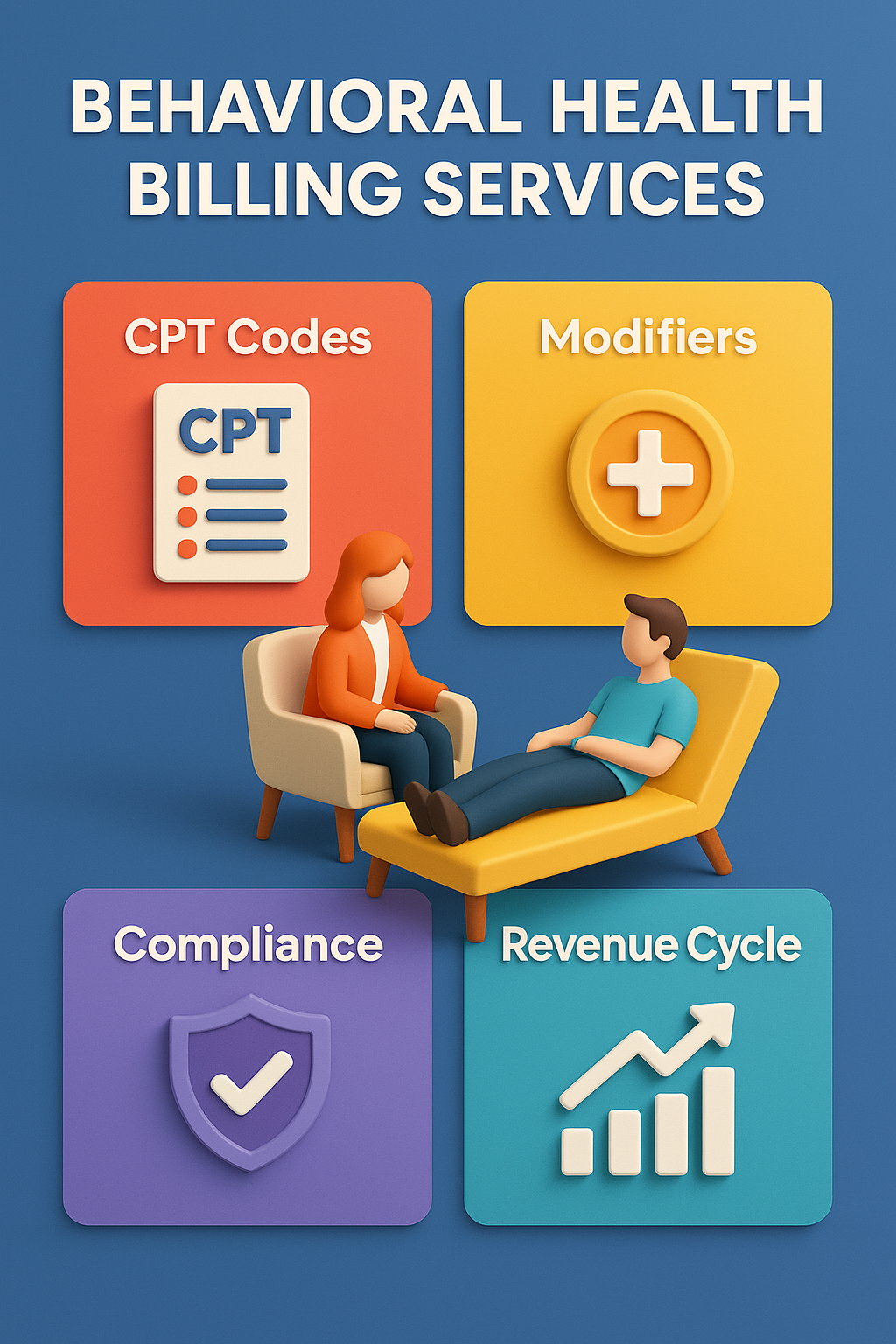 behavioral health billing services 3D infographic showing CPT codes, modifiers, compliance, and revenue cycle management — created by The Ashez Group