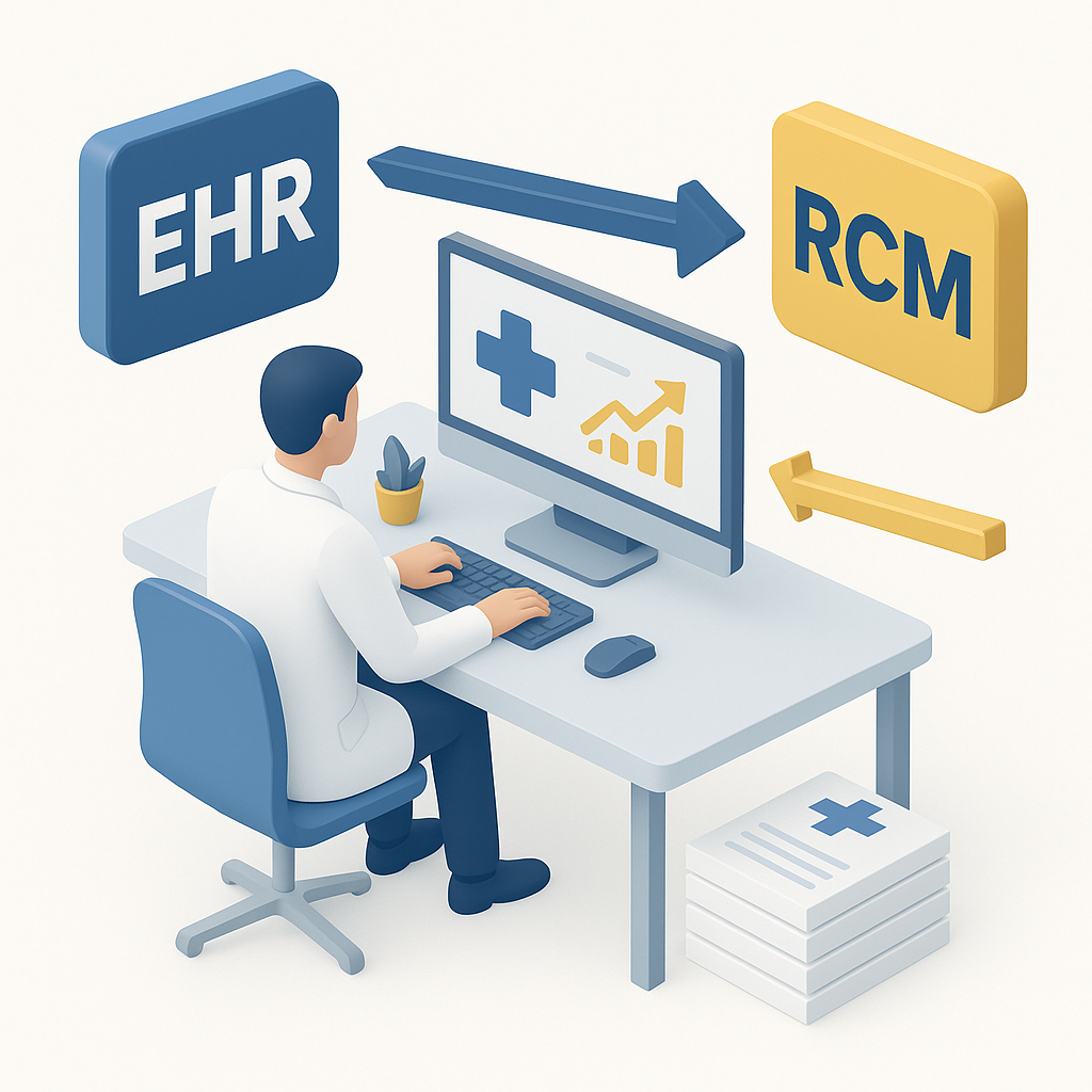 EHR RCM Integration analytics dashboard showing doctor managing claims, payments, and revenue cycle performance in a 3D healthcare billing illustration