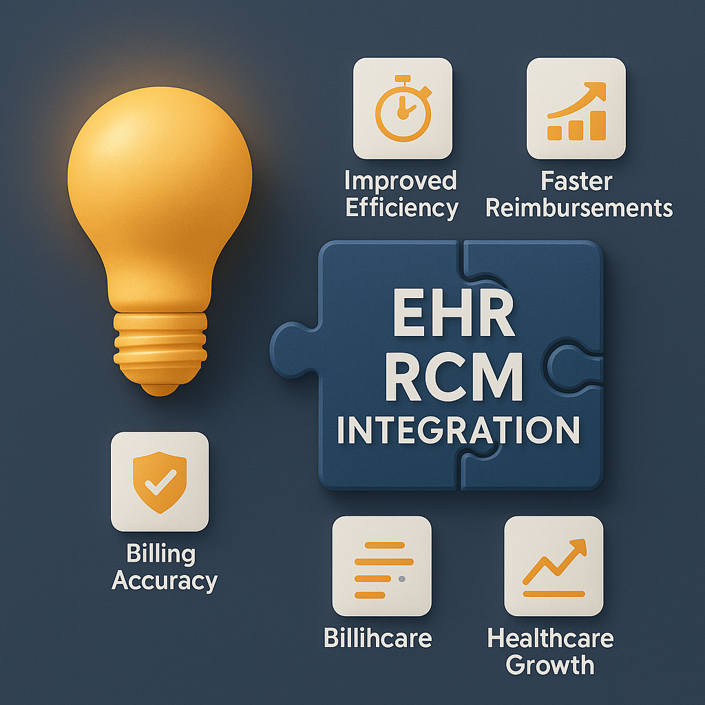 3D illustration of EHR RCM Integration showing benefits like billing accuracy, faster reimbursements, improved efficiency, and healthcare growth