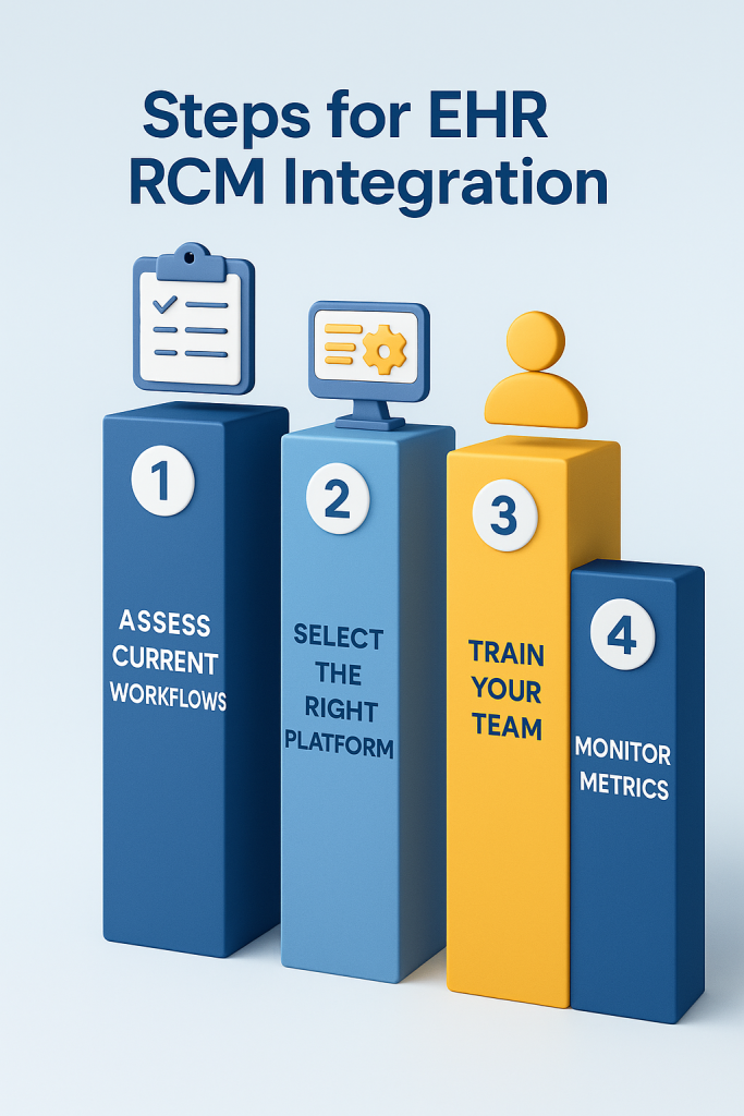 3D infographic showing step-by-step roadmap to EHR RCM Integration with stages for assessing workflows, selecting the right platform, training staff, and monitoring metrics