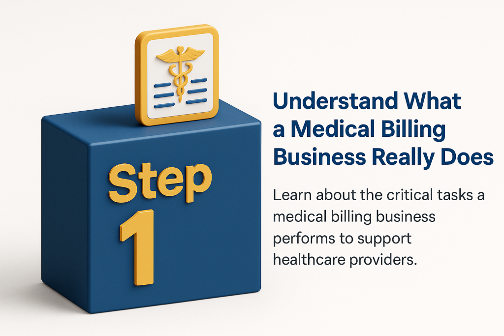 Medical billing icon on a 3D block with step number 1, representing the first critical task in healthcare revenue cycle management.