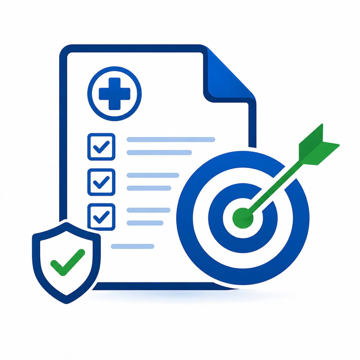 Claim accuracy improvement icon featuring a verified medical document with checkmark and target symbol in blue and green colors representing accurate insurance claim processing and billing precision.