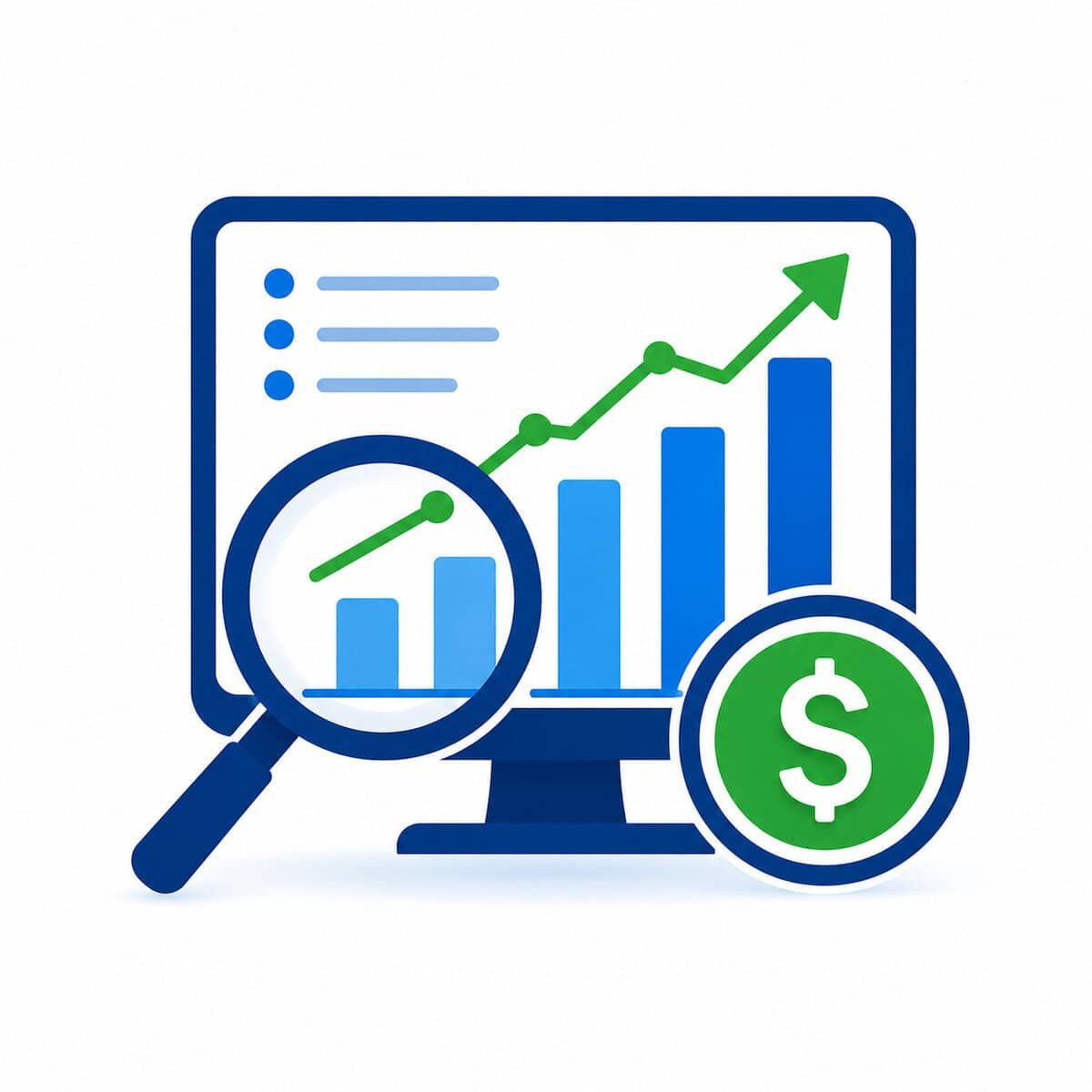 Revenue analytics icon featuring a computer dashboard with rising bar charts, upward trend line, magnifying glass, and dollar symbol in blue and green colors representing financial tracking and revenue visibility in medical billing.