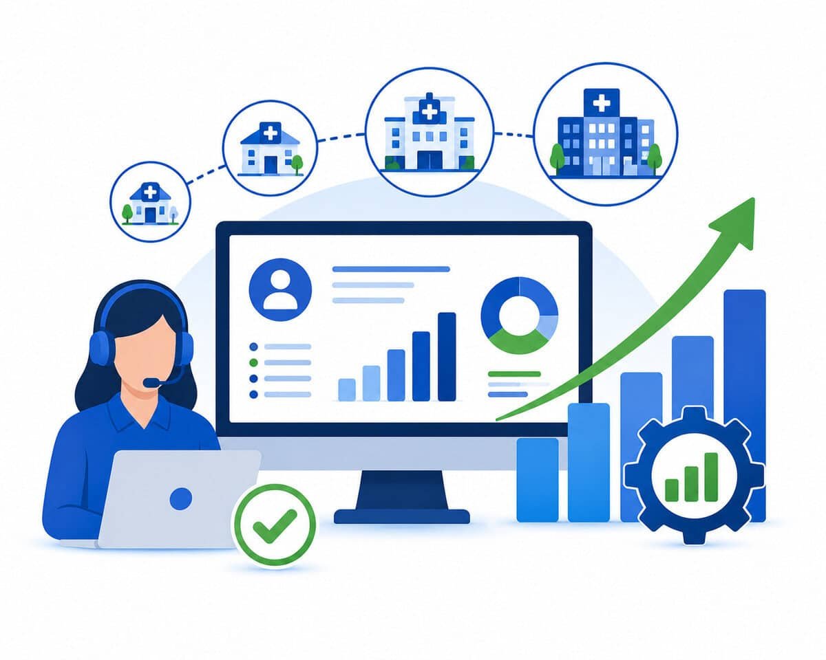 Scalable medical billing support illustration featuring a billing dashboard, growth charts, healthcare facility icons, headset support agent, and upward trend arrow representing expanding healthcare practice operations and revenue growth.