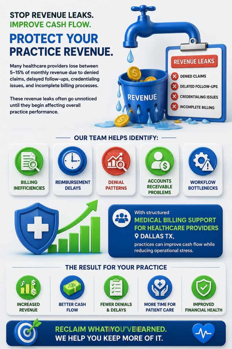 3D medical billing infographic illustrating healthcare revenue leaks caused by denied claims, delayed follow-ups, credentialing issues, and incomplete billing processes. The graphic features leaking revenue visuals, billing inefficiency icons, financial growth charts, and medical billing support solutions for healthcare providers in Dallas TX.