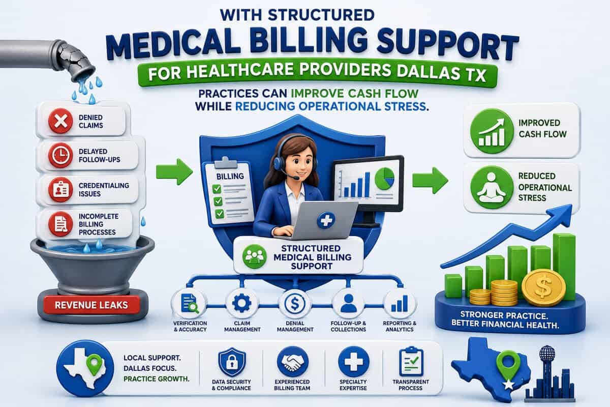 3D medical billing infographic illustrating structured medical billing support for healthcare providers in Dallas TX. The graphic features revenue leak prevention, denied claims management, billing support specialists, financial growth charts, improved cash flow indicators, and operational efficiency visuals in blue and green healthcare branding.