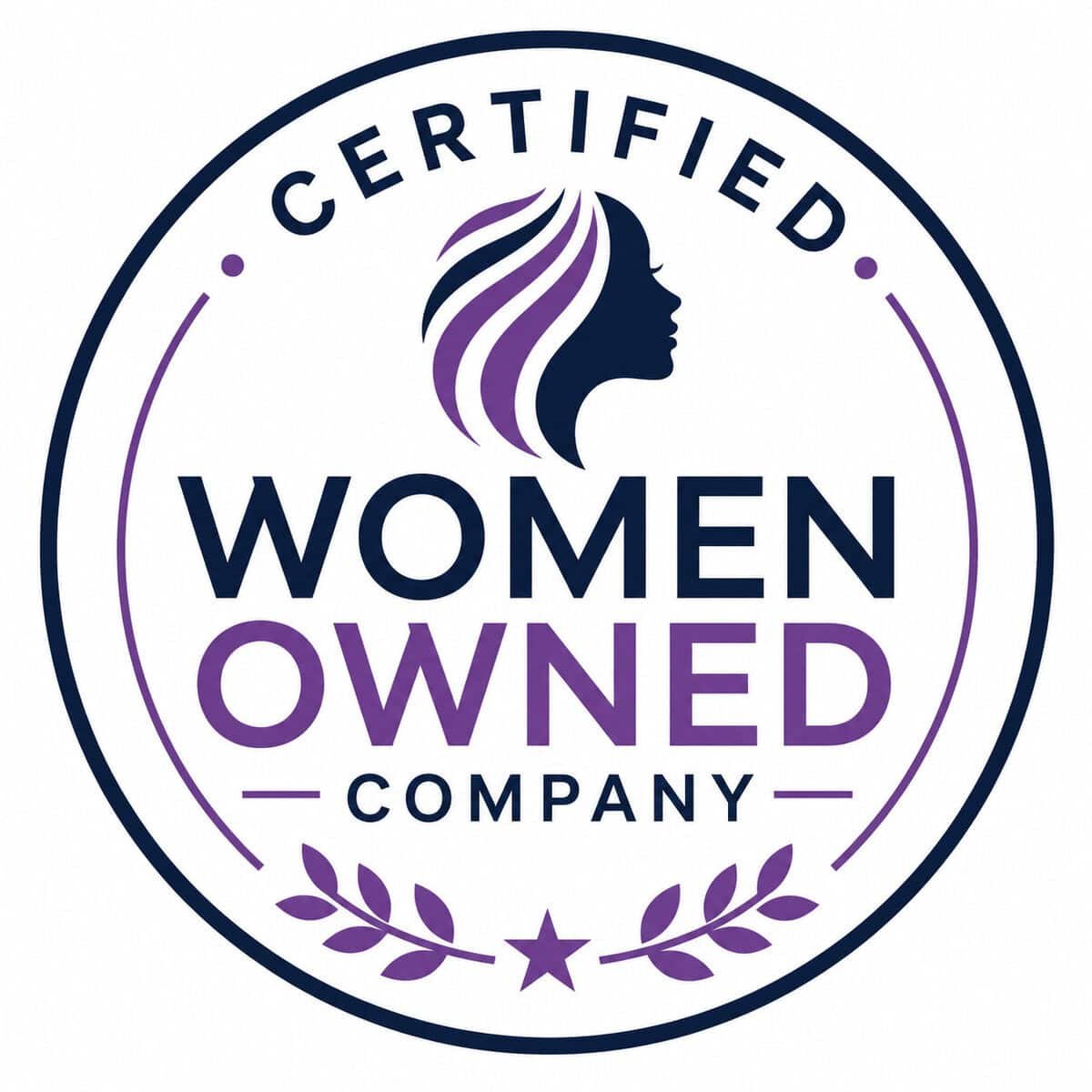 Certified Women Owned Company badge featuring a modern circular seal design in navy blue and purple with a female silhouette icon, laurel accents, and bold professional typography on a clean white background.