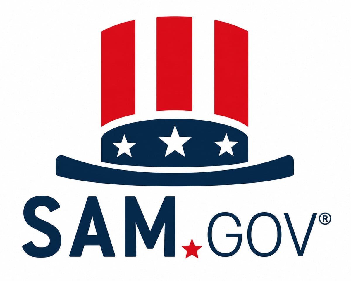 SAM.gov official registration logo featuring red vertical pillars, white stars on a navy blue banner, and bold SAM.gov text representing U.S. federal government contractor registration and compliance.
