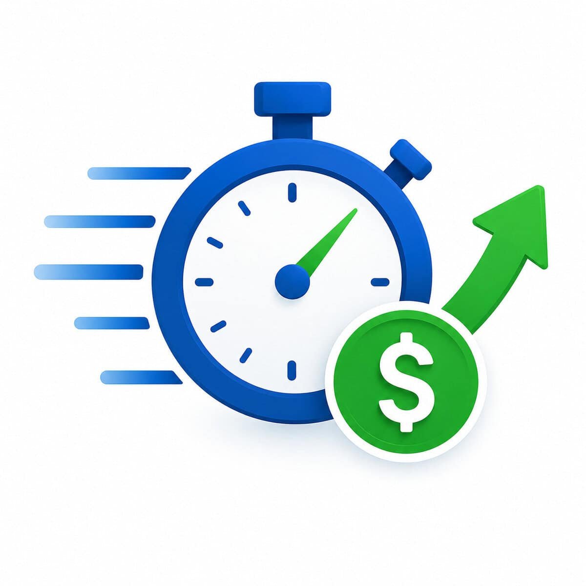 Modern healthcare reimbursement illustration featuring a blue stopwatch with motion lines, upward green arrow, and dollar symbol representing faster reimbursements, accelerated claim processing, and improved cash flow in medical billing services.
