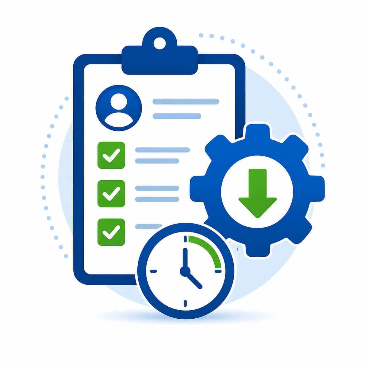 Administrative workflow reduction icon featuring a clipboard checklist, automation gear, and clock in blue and green colors representing streamlined healthcare operations and improved efficiency.