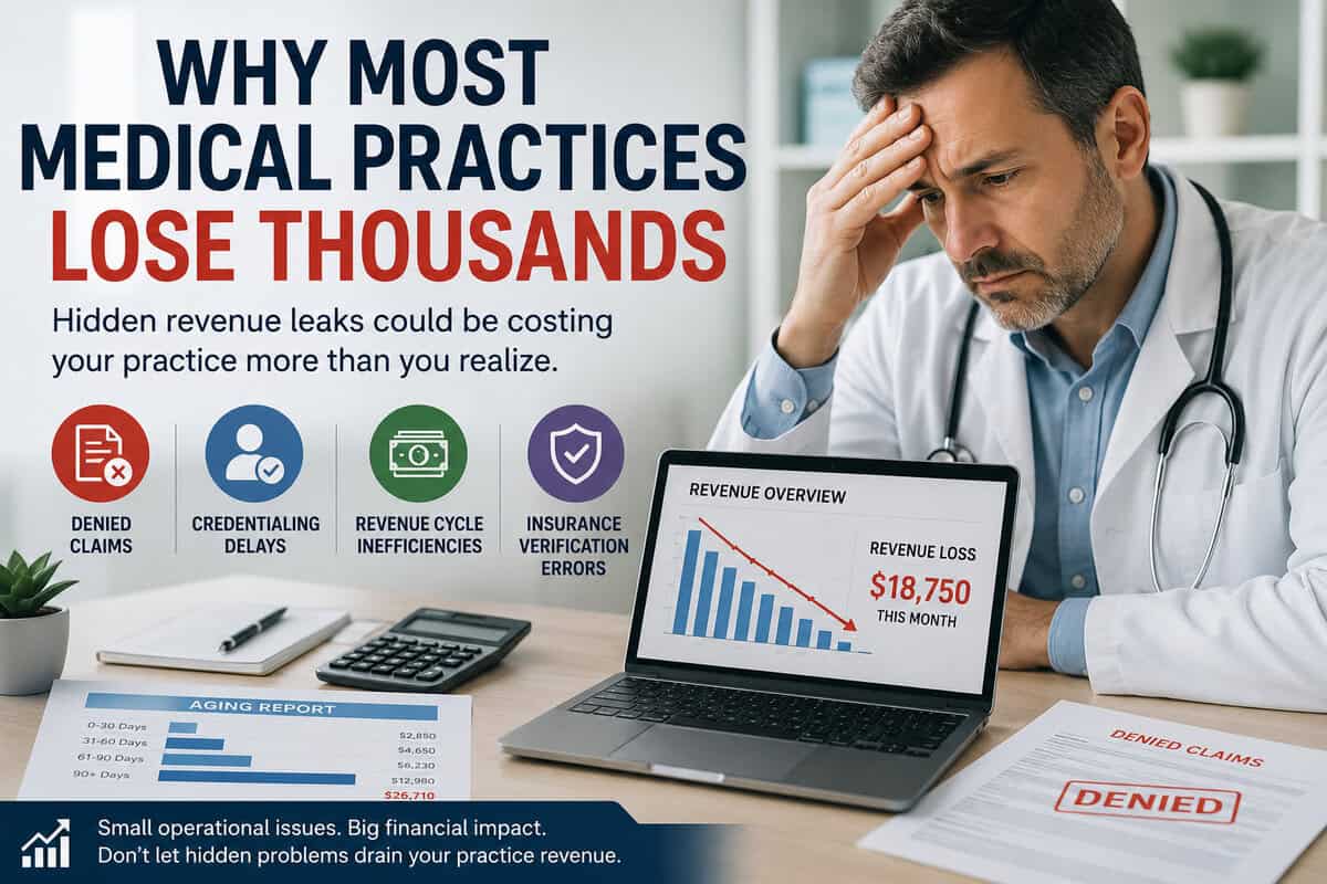 Why Most Medical Practices Lose Thousands due to denied claims, credentialing delays, insurance verification errors, and revenue cycle management problems