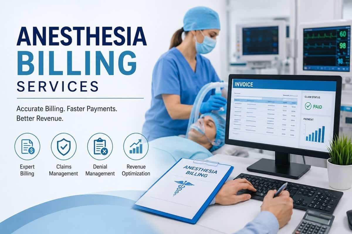 Anesthesia billing services professional workflow showing anesthesia care, medical coding, claims processing, denial management, and revenue cycle management for anesthesia providers.