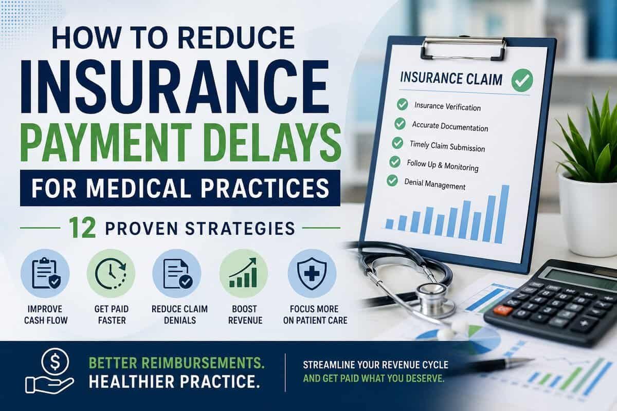 How to Reduce Insurance Payment Delays for Medical Practices: 12 Proven Strategies infographic showing revenue cycle management best practices to improve cash flow and accelerate insurance reimbursements.