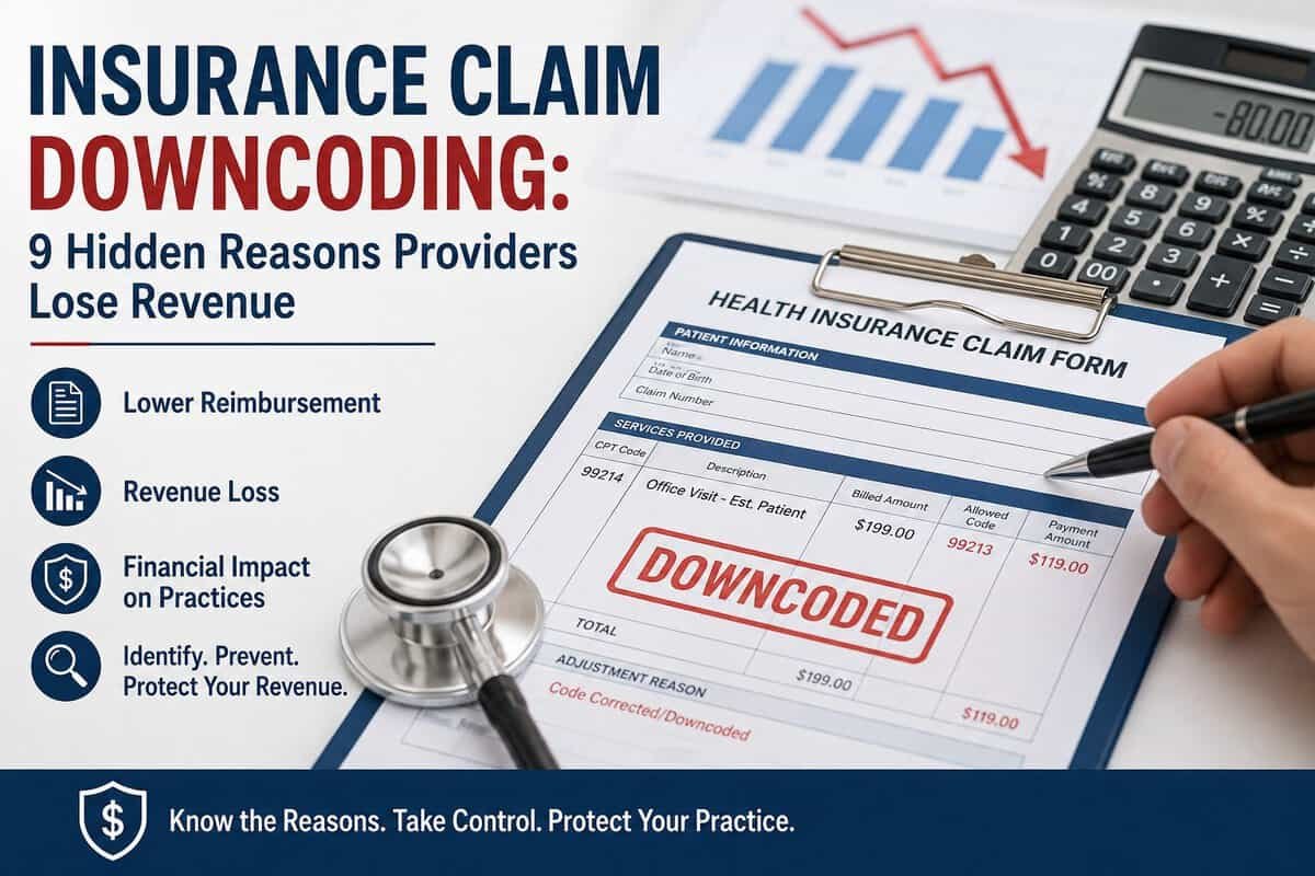 Insurance Claim Downcoding infographic explaining the hidden reasons providers lose revenue and how to prevent insurance reimbursement reductions.