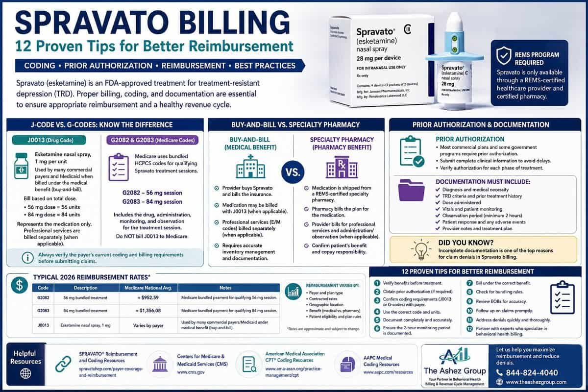 Spravato Billing infographic explaining J0013, G2082, G2083, buy-and-bill workflow, prior authorization, and reimbursement strategies for behavioral health providers.