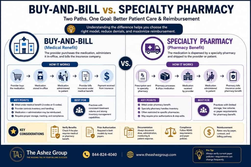 Spravato Billing Guide: Coding, Prior Authorization & Reimbursement Tips 1 Buy-and-Bill vs. Specialty Pharmacy infographic comparing medical benefit and pharmacy benefit workflows for specialty medications, including reimbursement, billing responsibilities, prior authorization, inventory management, and patient care considerations.